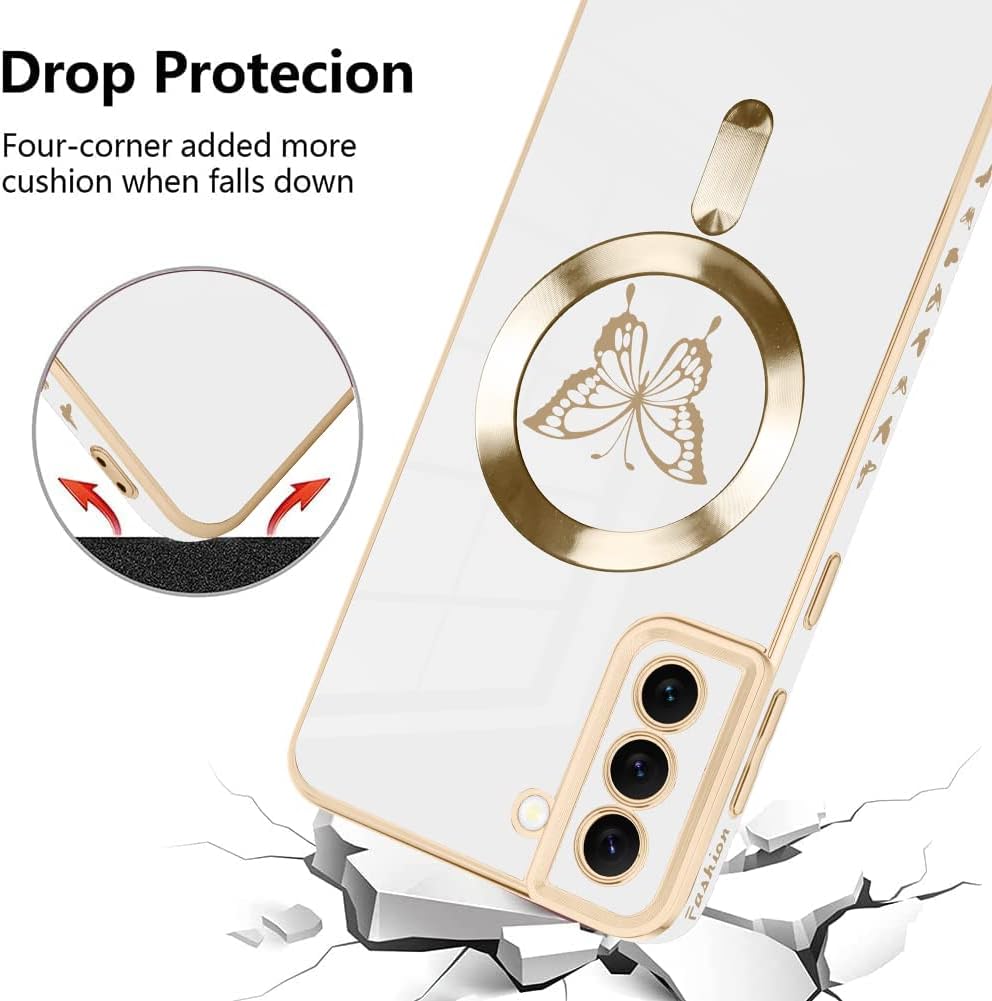 Fiyart Diseñada para Samsung S22, compatible con carga inalámbrica magnética, bonita funda de teléfono con protección de lente de cámara para