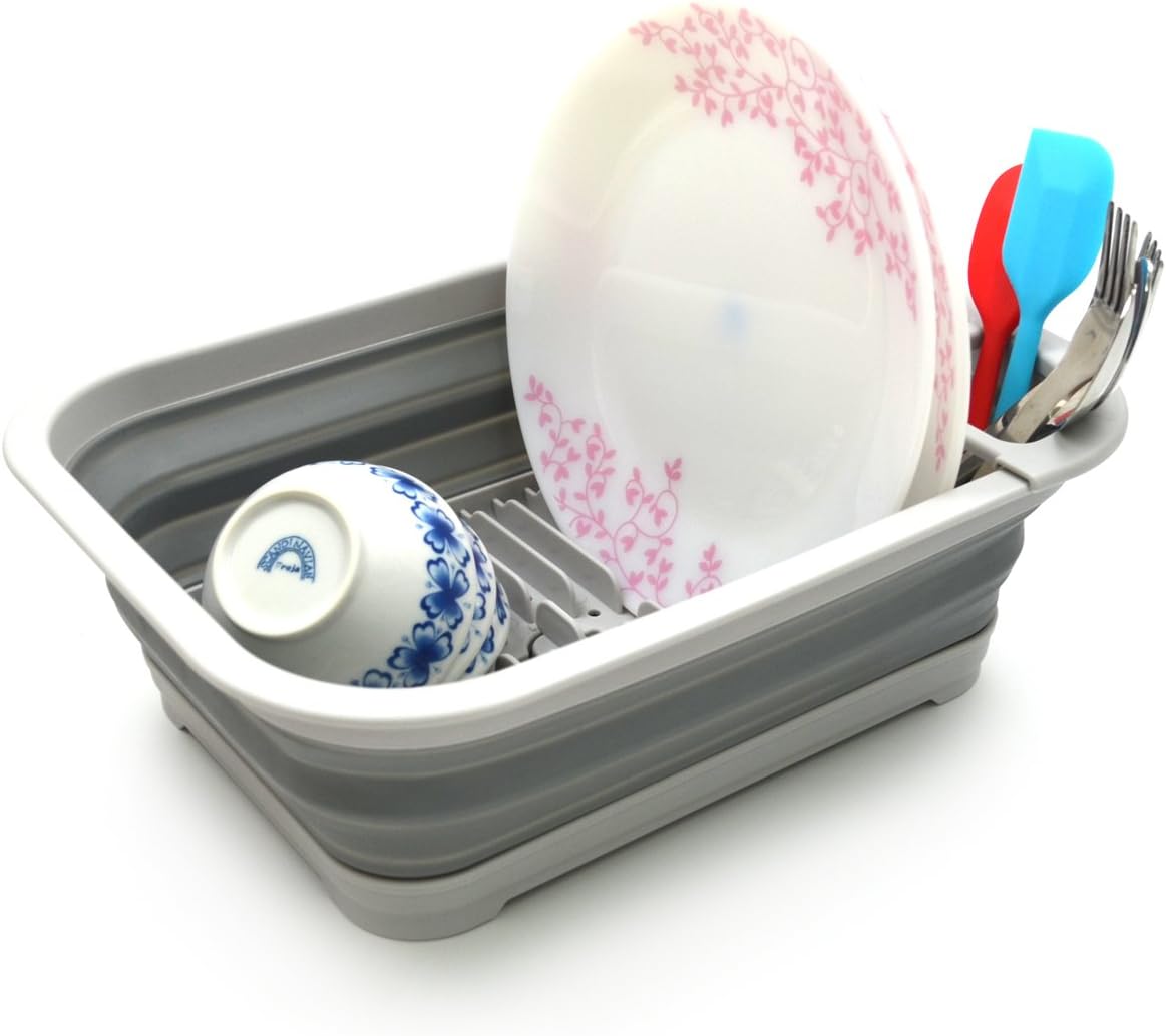 SAMMART Juego de 2 piezas de cocina y exterior escurridor de platos plegable con tablero escurridor y bañera de plástico plegable (2, gris)