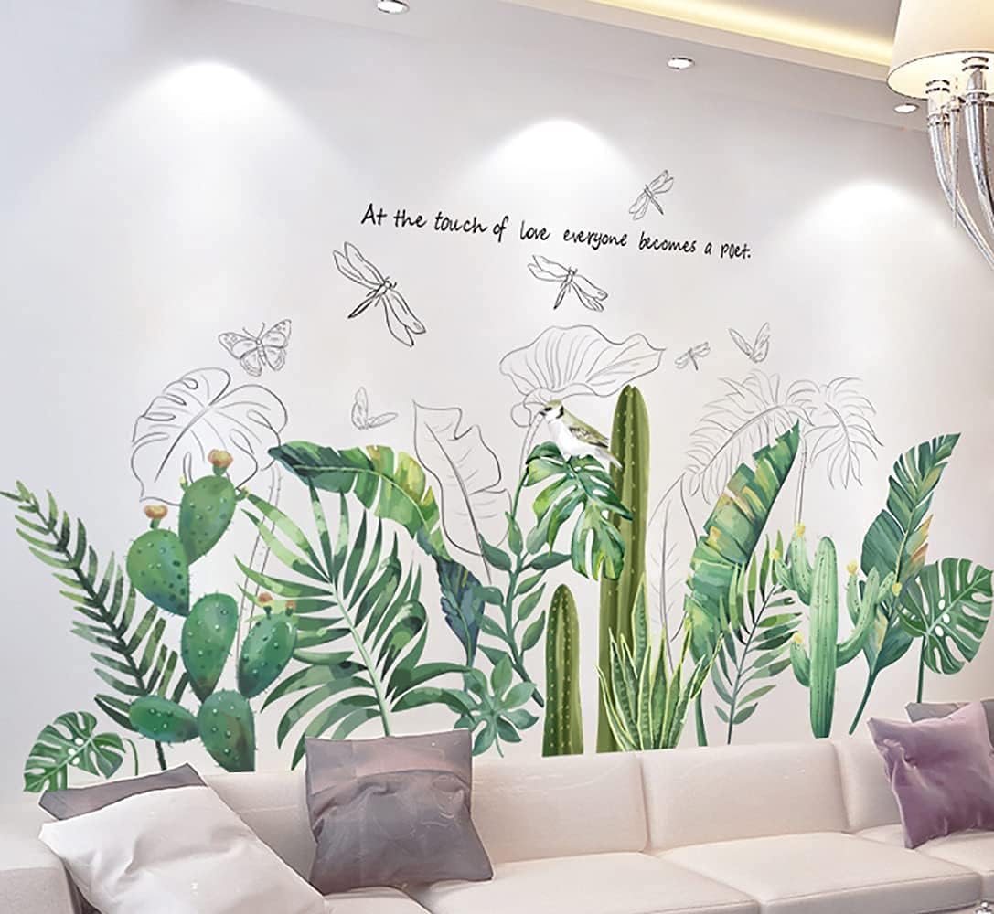 Calcomanías de pared de hojas tropicales, palmeras verdes extraíbles, plantas de árbol, cactus, calcomanías de pared para sala de estar, habitación