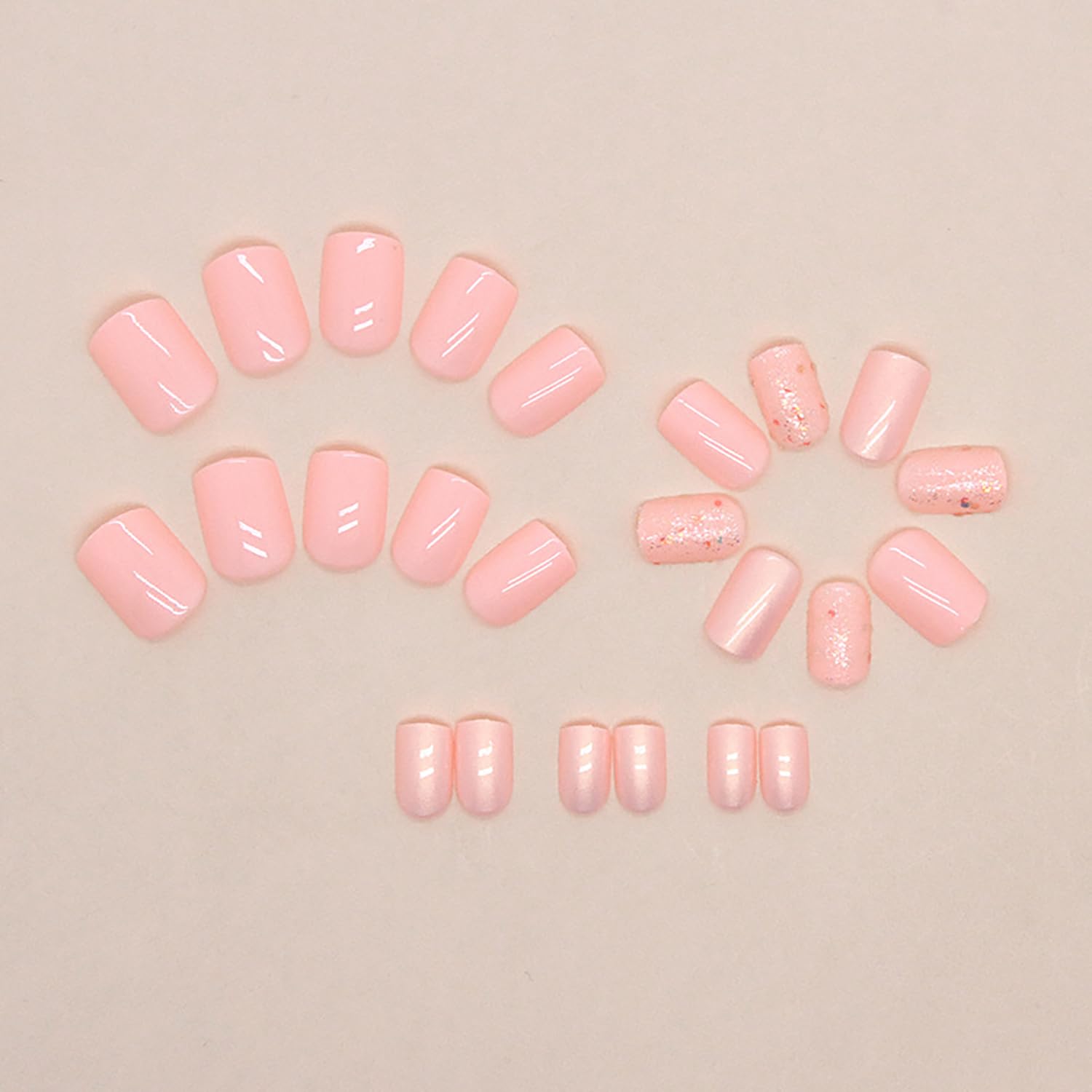 Uñas postizas a presión de color rosa, cuadradas, cortas, SWEKKE de cobertura completa, uñas postizas brillantes con purpurina y brillantes, uñas
