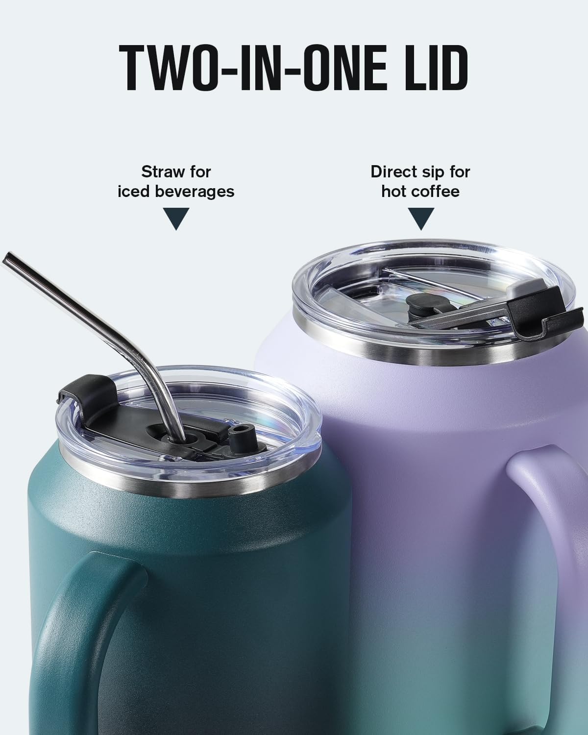 Coolplus Vaso de 32 onzas con asa y pajilla, taza de café de acero inoxidable con aislamiento de viaje con tapa 2 en 1, doble pared de metal que