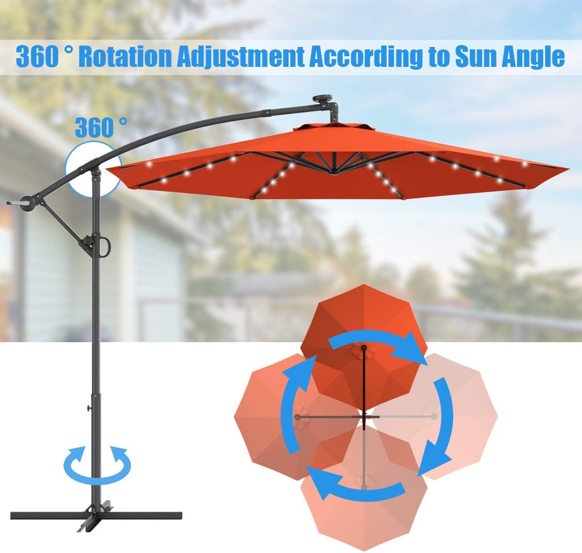 Tangkula Paraguas de patio de 10 pies con rotación de 360 grados, paraguas LED alimentado por energía solar con manivela y base cruzada, paraguas de