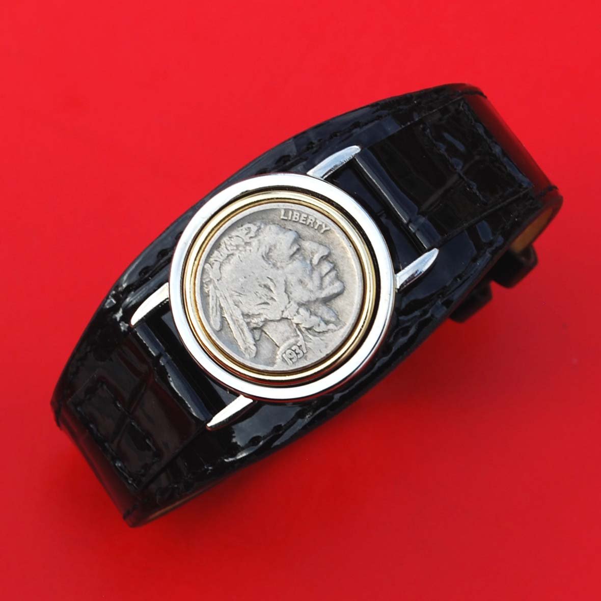 US 1937 Indian Head Buffalo Nickel Coin Magnetic Golf Ball Marker Black PU Faux Leather Golf Bracelet