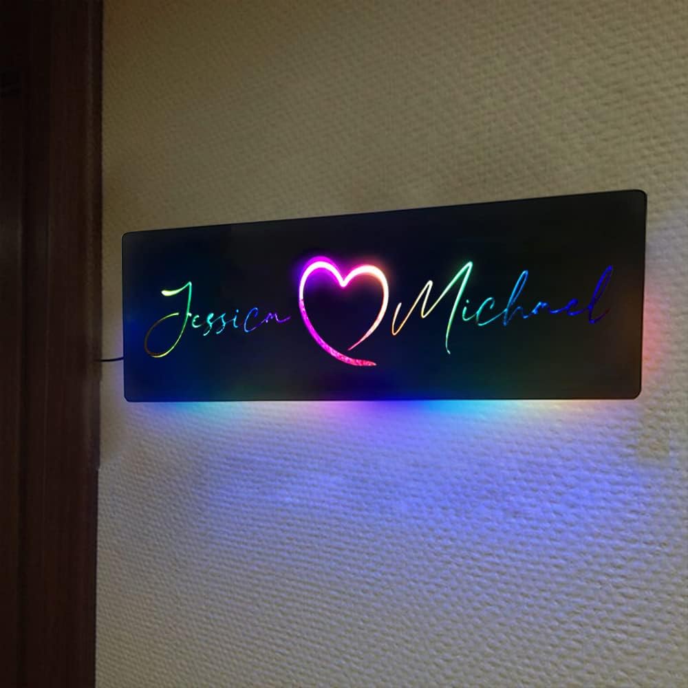 Luz nocturna personalizada con nombre de pareja colorido con nombre LED, 2 nombres, luces de neón, letrero de nombre para colgar en la pared, espejo