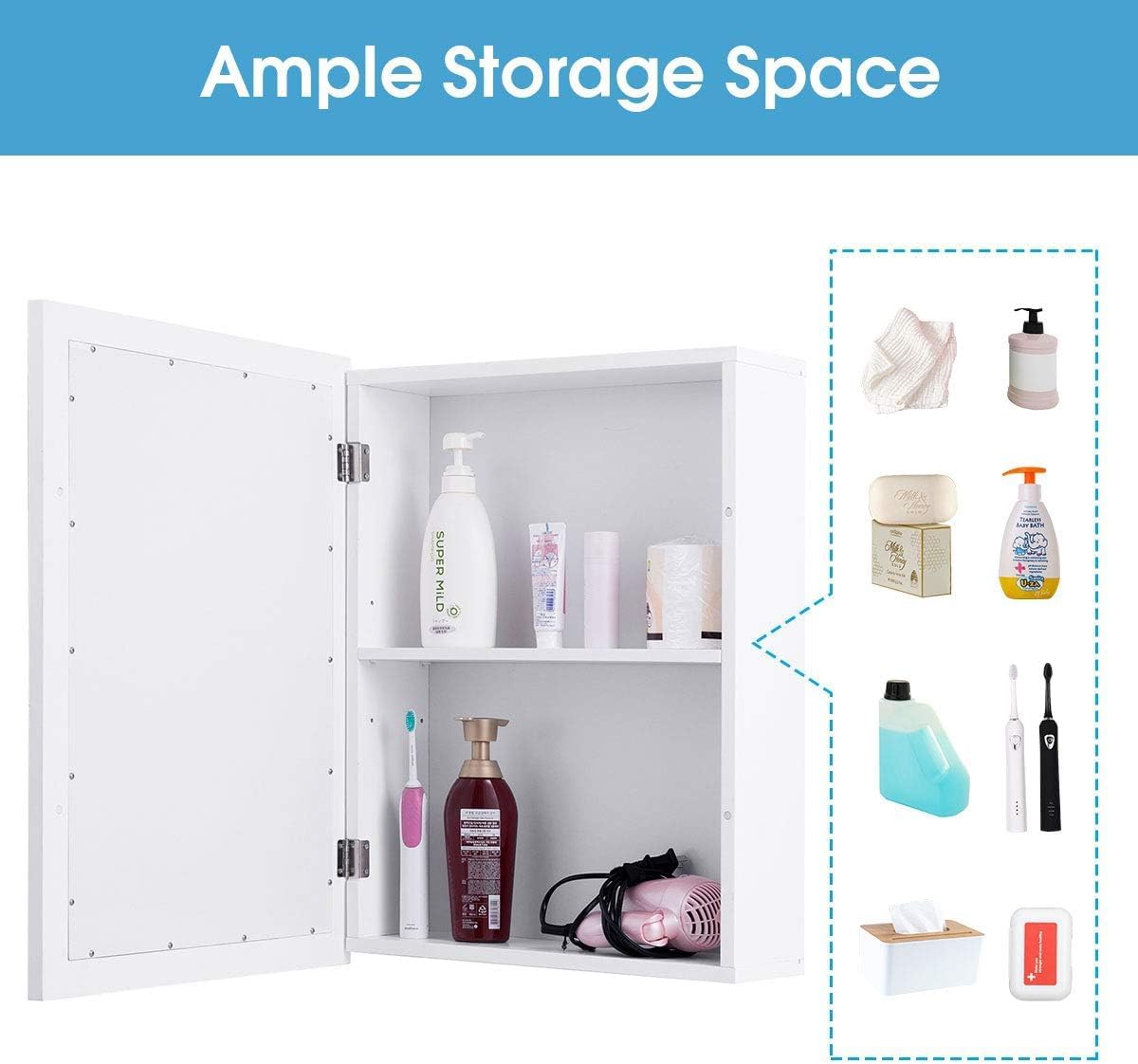 GOFLAME Botiquín de baño, armario de almacenamiento con espejo de montaje en pared con una sola puerta y estante ajustable, organizador de madera