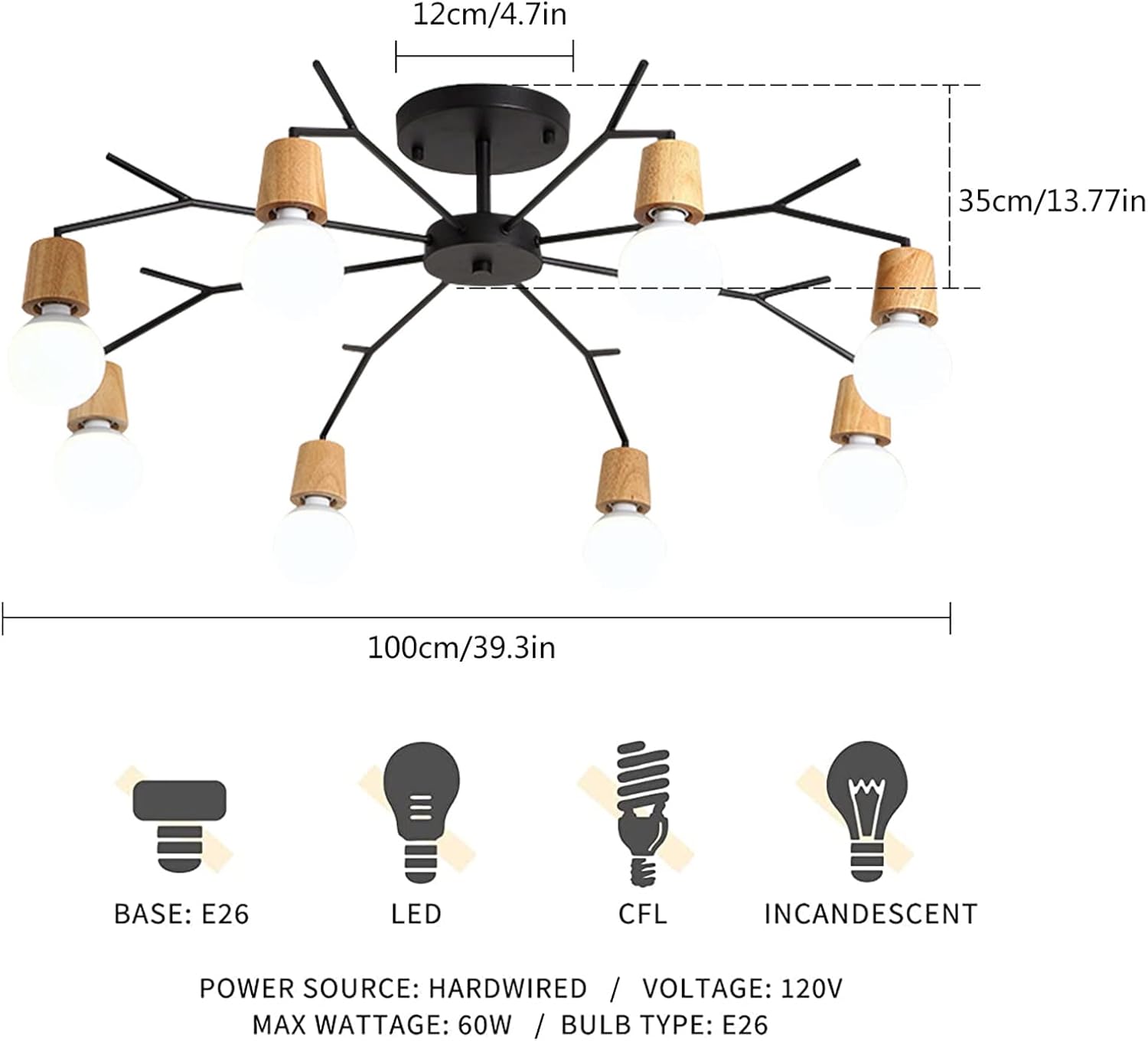 Lámpara de techo moderna de 6 luces, enchufe de bombilla E26 de montaje semiempotrado, lámpara de araña negra y dorada para dormitorio, sala de