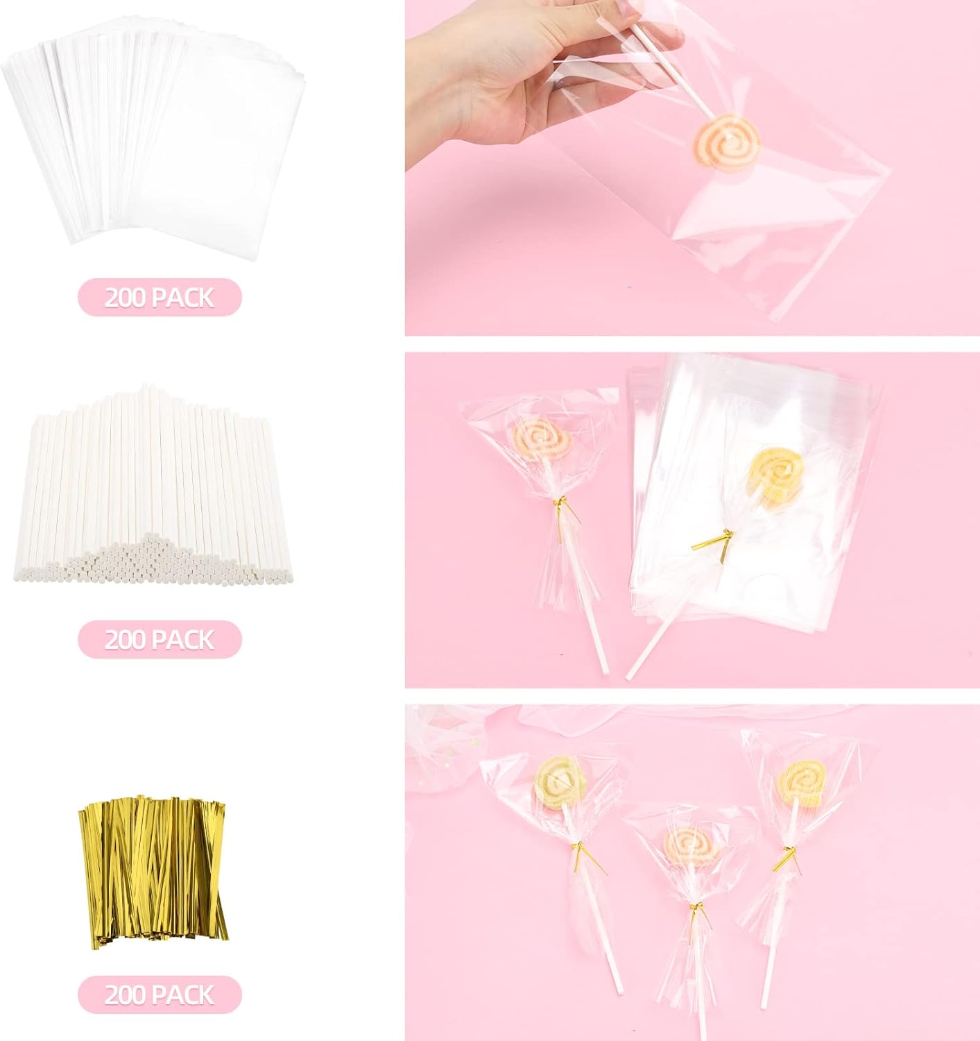 Juego de 600 palitos y envoltorios para tartas, incluye palitos de papel de 6 pulgadas, bolsas transparentes de 4 x 6 pulgadas y lazos dorados,