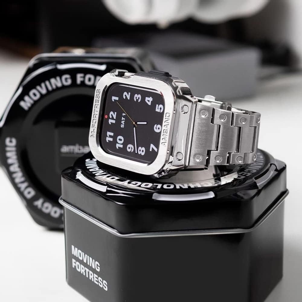 amBand – Funda resistente de acero inoxidable contra golpes compatible con Apple Watch Series 76SE54 de 1.57 pulgadas, 1.65 pulgadas, Moving