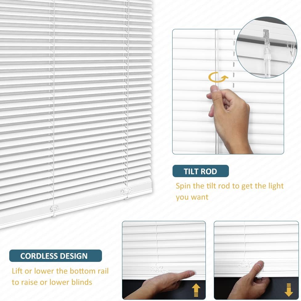 KCO Mini persianas para ventanas, persianas horizontales sin cordones para ventanas, persianas venecianas de vinilo anti-UV, impermeable, ajuste de
