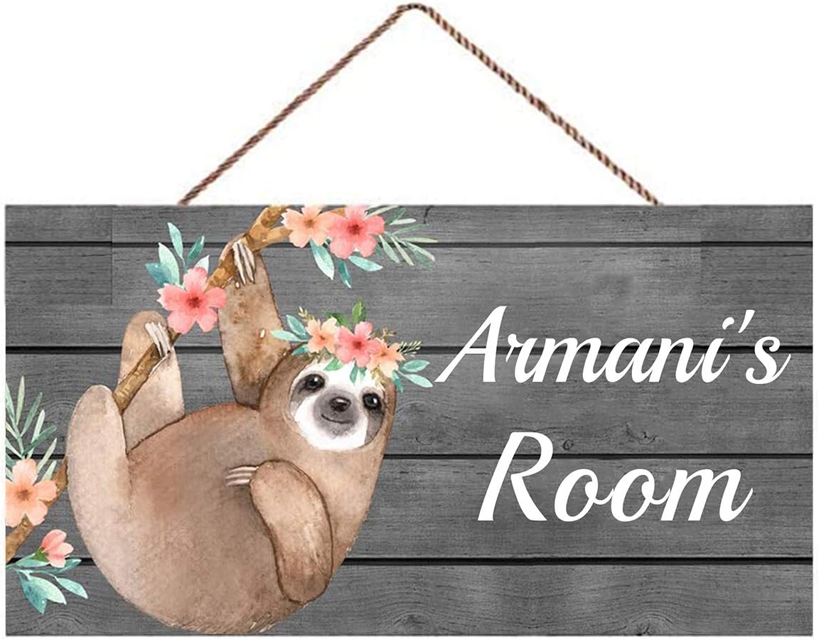 Letrero de puerta de perezoso floral personalizado para dormitorio, letrero con nombre personalizado, cuarto de bebé, decoración de habitación de