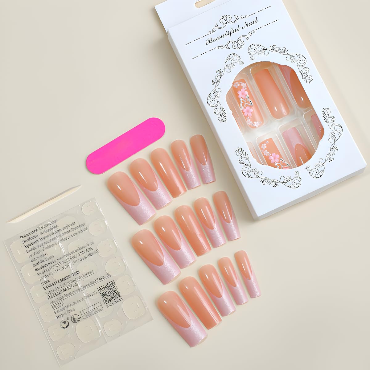 Uñas postizas a presión con diseño de mariposa, uñas postizas largas con punta francesa, uñas postizas de ataúd rosa con diseño de flores de