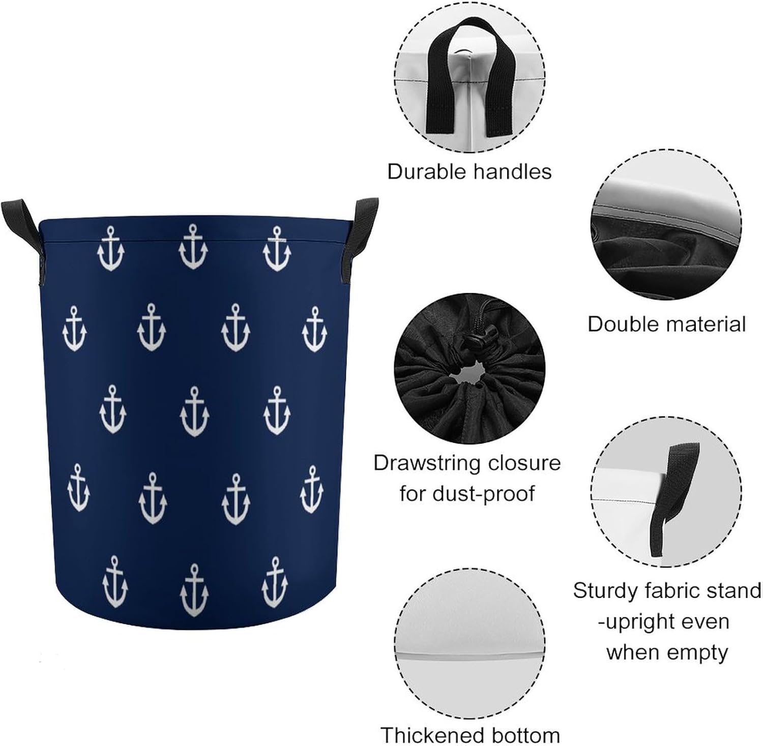 Cesta de lavandería grande, patrón de ancla blanca en azul marino, náutico, impermeable, plegable, para ropa sucia, para dormitorio universitario,