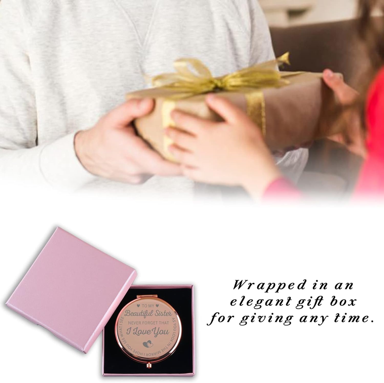Gifts for Sisters from Sisters Travel Compact Vanity Mirror Rose Gold Cute for Purse Travel Folding Hand Mirror for Graduation Birthday Christmas
