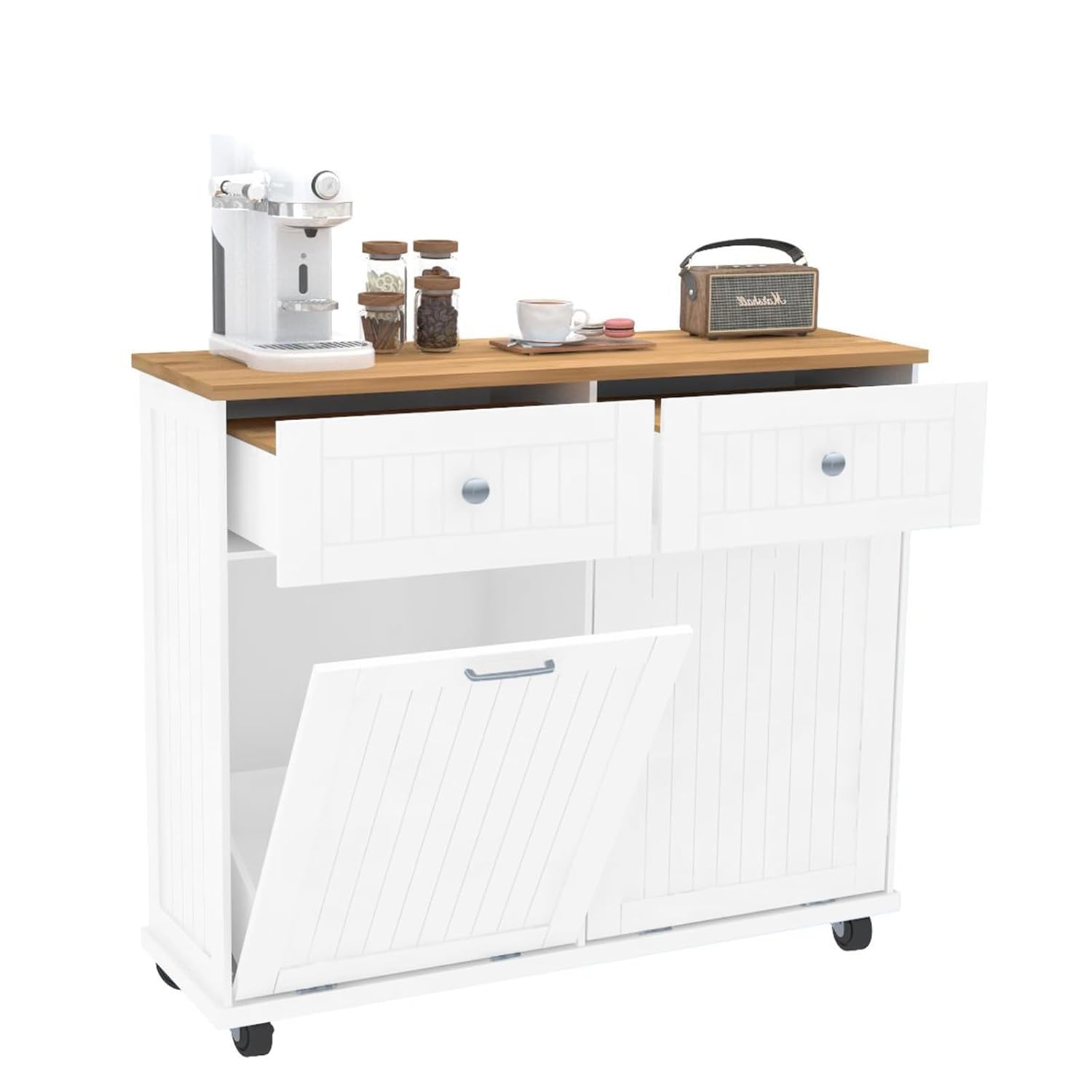 Armario de basura de doble inclinación de 20 galones, armario de reciclaje de basura de madera independiente con cajón y ruedas, gabinete de basura