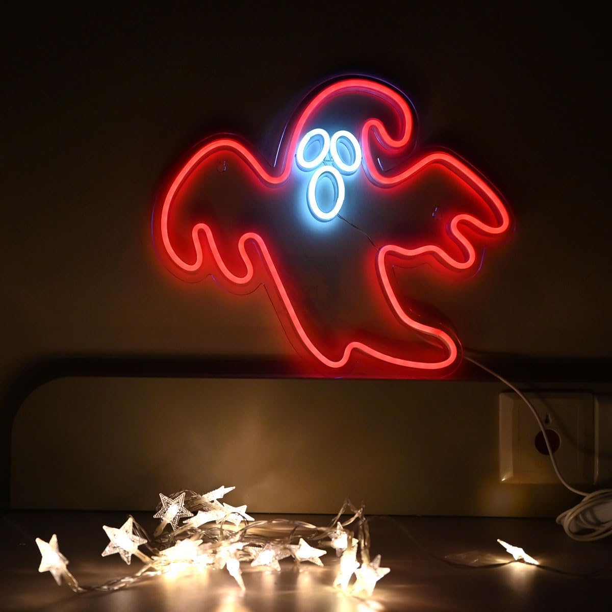 Luz de neón fantasma de Halloween, luz LED de fantasma rojo, luz de decoración de fiesta de interiores, decoración colgante de 14 pulgadas, letrero