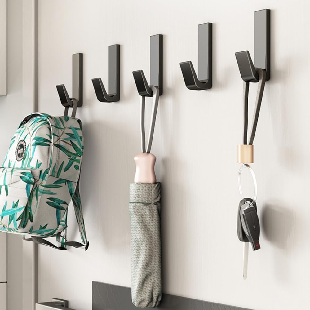 Ganchos adhesivos pequeños resistentes, 10 ganchos de pared adhesivos para colgar ganchos de toalla negros de acero inoxidable para baños, ganchos