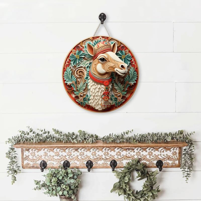 Camel With Christmas Hat Custom Wood Signs for Home Decor, Door Hanger Wood Sign, Hanging Sign Wall