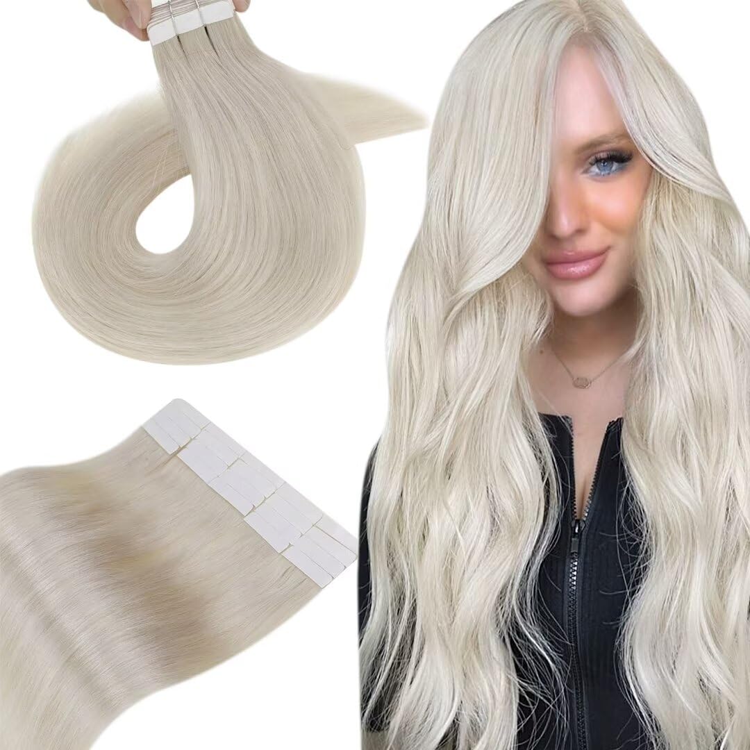 Hetto Extensiones de cabello humano con cinta adhesiva, extensiones de cabello rubio #60, 12 pulgadas, extensiones de cabello Remy lacio natural,