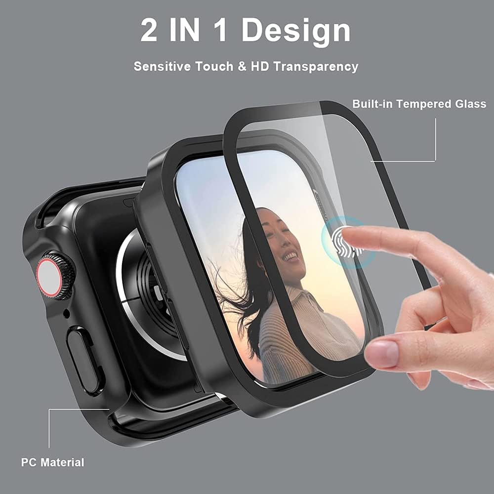Funda y cristal para Apple Watch Serie 8 de 1.772 in, 1.614 in, 1.732 in, 1.575 in, protector de pantalla impermeable, accesorios para parachoques