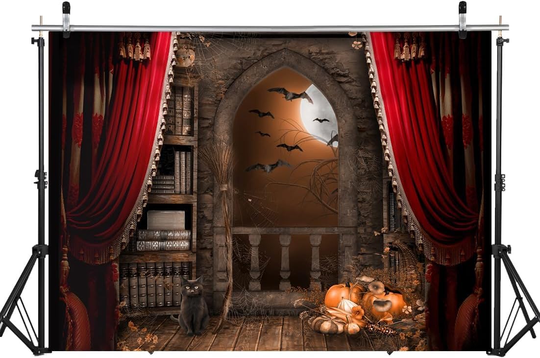 WOLADA Telón de fondo escolar de castillo mágico de 7 x 5 pies, telón de fondo para Halloween, fondo de libro mágico, luna, bruja mago, escuela,