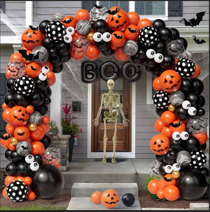 AobkDeco Kit de arco de globos de Halloween de 141 unidades, globos de ojos negros, naranjas y dorados, globos de Halloween con globos BOO,