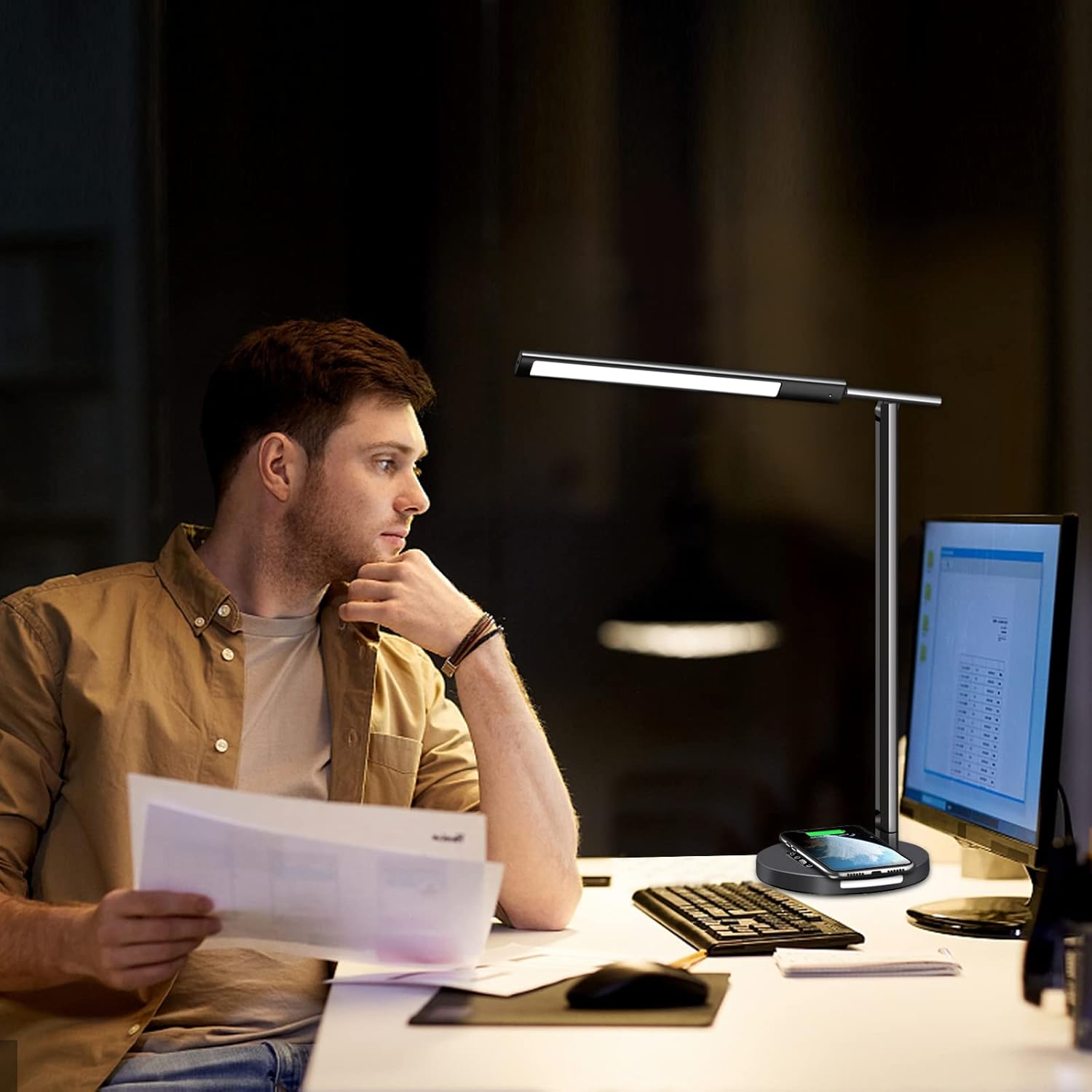 AFROG Lámpara de escritorio LED multifuncional 8 en 1 con cargador inalámbrico rápido de 10 W, puerto de carga USB, luz nocturna, 1200Lux súper