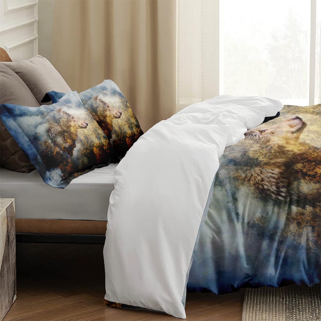 Juego de funda de edredón, juego de ropa de cama dorado con diseño de lobo y animales de otoño para niños y adultos, decoración de dormitorio de