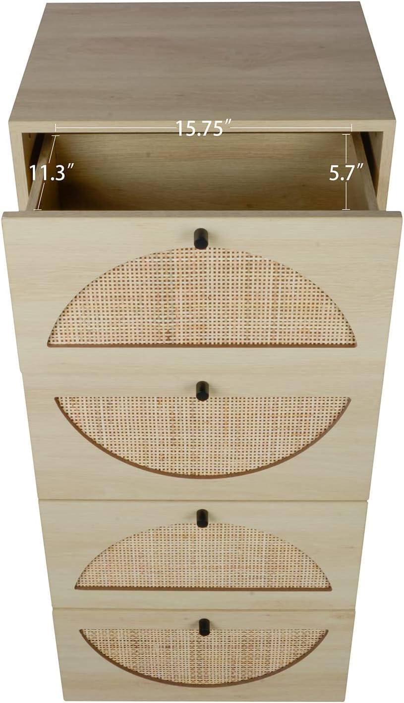 Angel Sar Armario alto de ratán con 4 cajones, cómoda de ratán de madera para dormitorio, mesa de sofá con base de metal para sala de estar, entrada