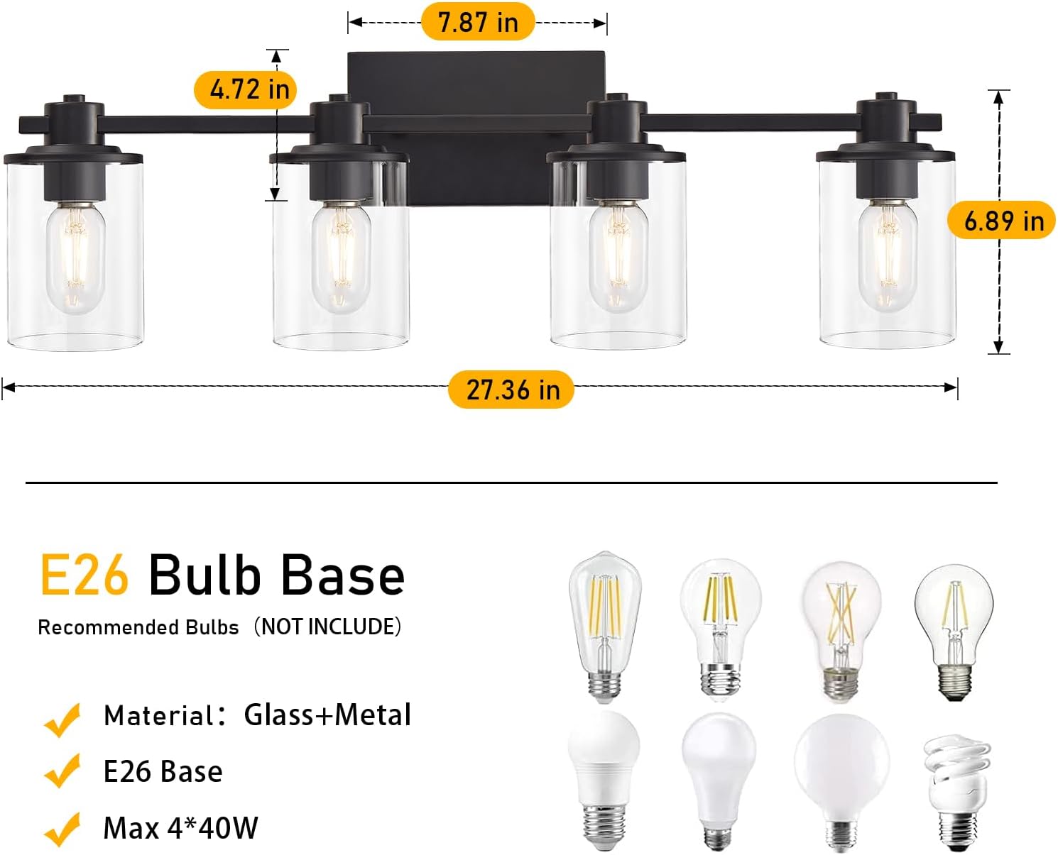 DUJAHMLAND Lámpara negra para tocador de baño, 4 luces, lámpara de tocador de baño sobre espejo, luz de tocador con pantalla de vidrio transparente,