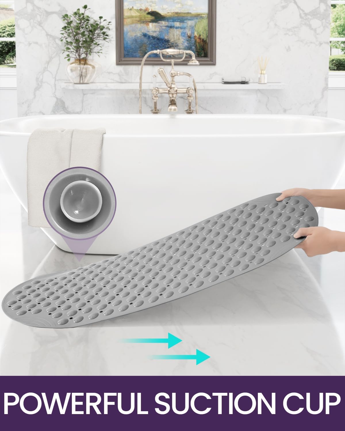 DEXI Tapete de bañera antideslizante para baño, bañera, taza de succión lavable de 16 x 35 pulgadas, color gris