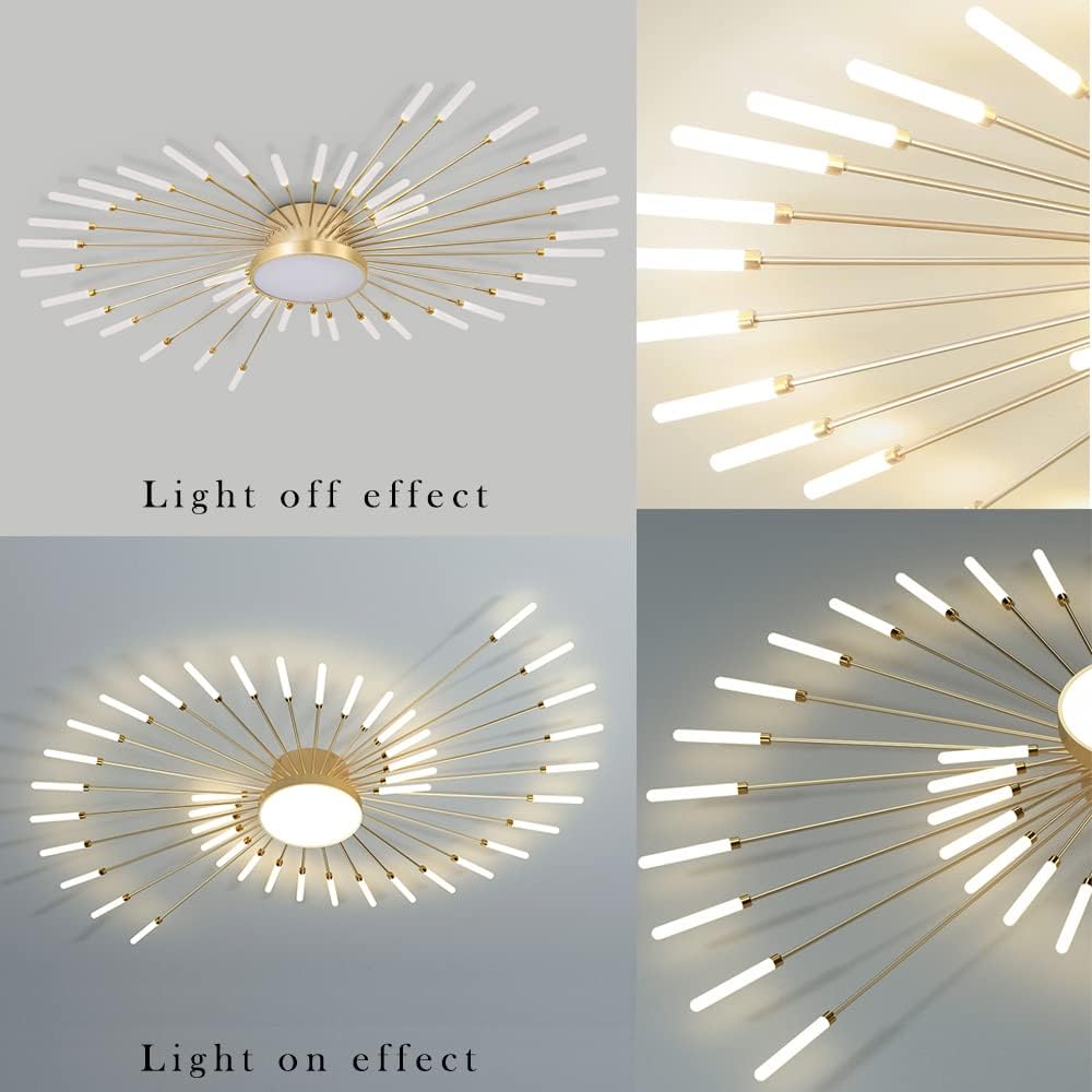 Liudefa Lámpara de techo LED de 32 pulgadas, 12 luces de techo modernas, lámpara de techo empotrada, iluminación de interior dorada para sala de