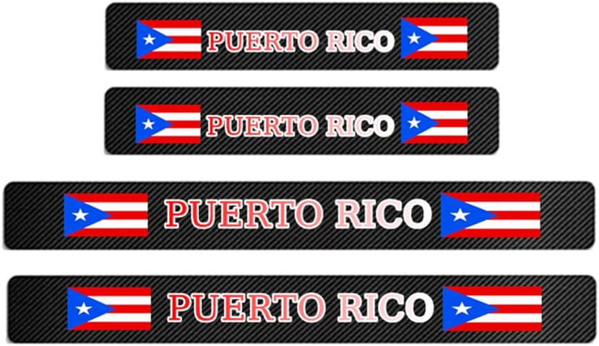 4 unidades de protectores de placa de umbral de puerta delanteratrasera de fibra de carbono con bandera de Puerto Rico, calcomanía decorativa para