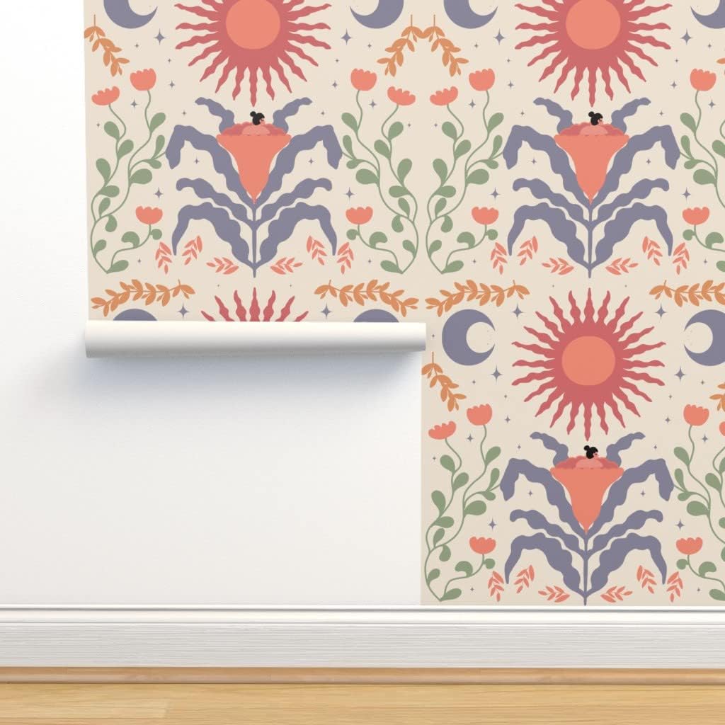 Spoonflower Muestro de papel tapiz extraíble – Estrella moderna abstracta Sol Luna Geométrico Boho Celestial personalizado pre-pegado papel pintado