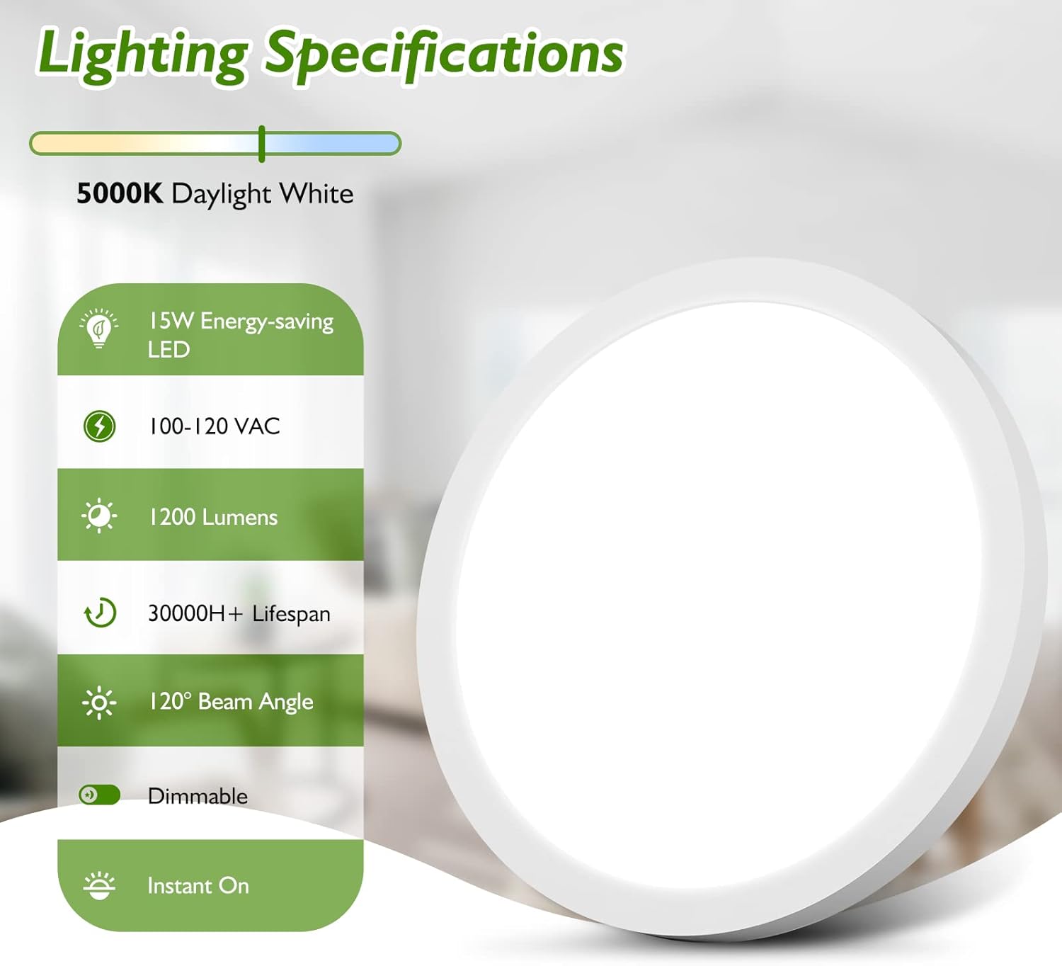 Lámpara LED de techo empotrada, equivalente a 100 W, lámpara de techo empotrada moderna de cocina 5000 K, luz blanca diurna, 15 W, 1200 lm, 7