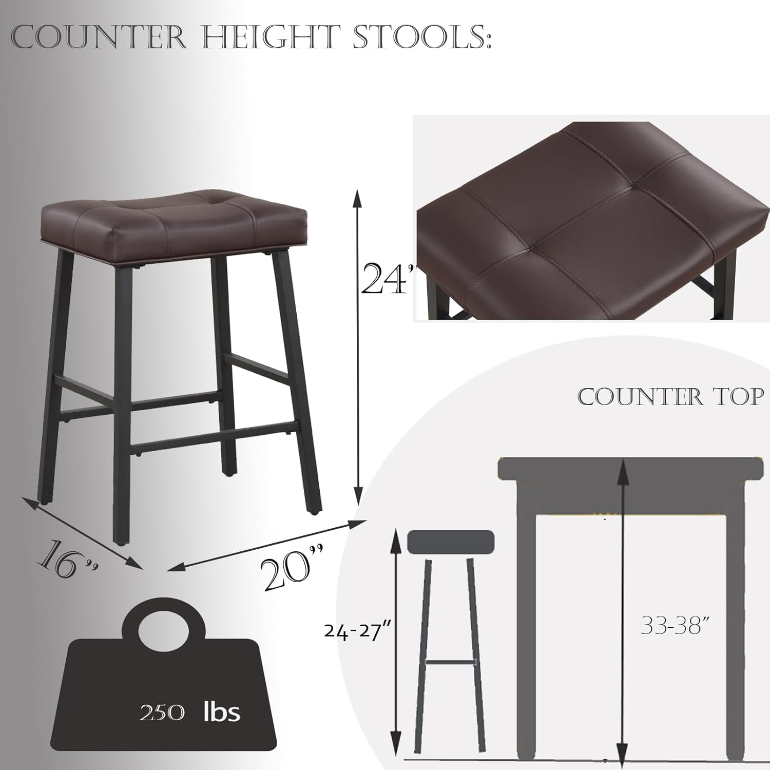 KR302PBR – Juego de 2 taburetes de bar de altura de mostrador de cocina con acolchado de asiento de piel sintética, taburetes de cocina para isla de