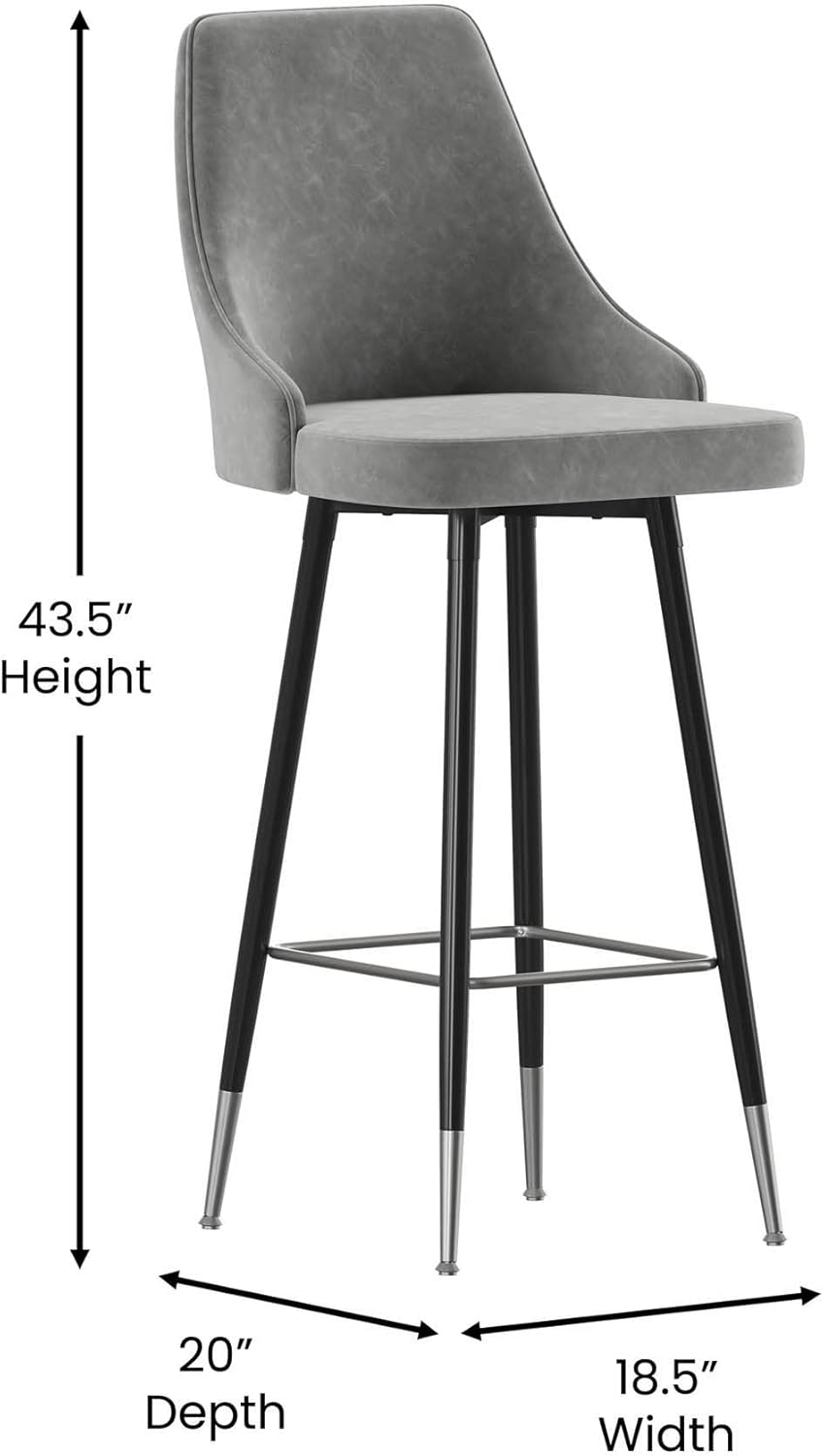 Flash Furniture Shelly – Juego de 2 taburetes de bar comerciales de altura de bar, tapicería LeatherSoft gris, marcos de metal negro, 30 pulgadas de