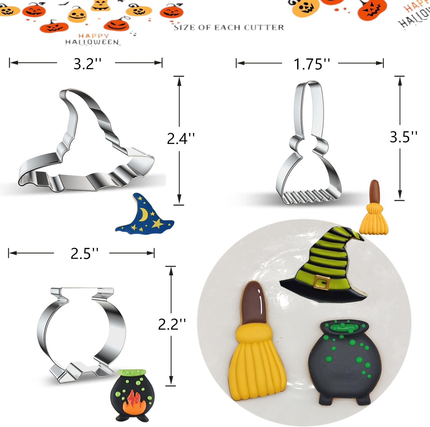 Juego de cortadores de galletas de Halloween, 3 piezas de cortador de galletas de acero inoxidable, moldes para hornear, olla de bruja, sombrero de