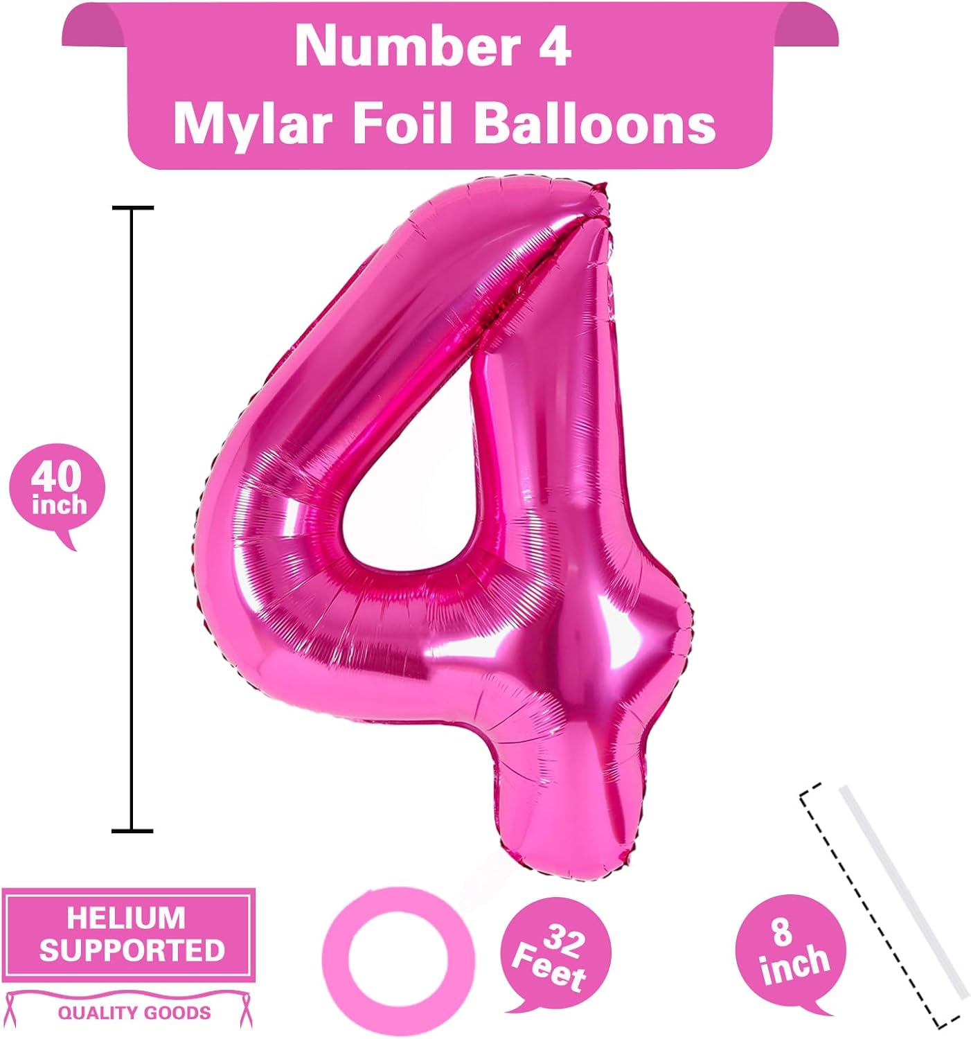 Globo gigante de 40 pulgadas, color rosa claro, número 4, globos de aluminio de Mylar con helio para fiestas de cumpleaños, decoraciones de 4