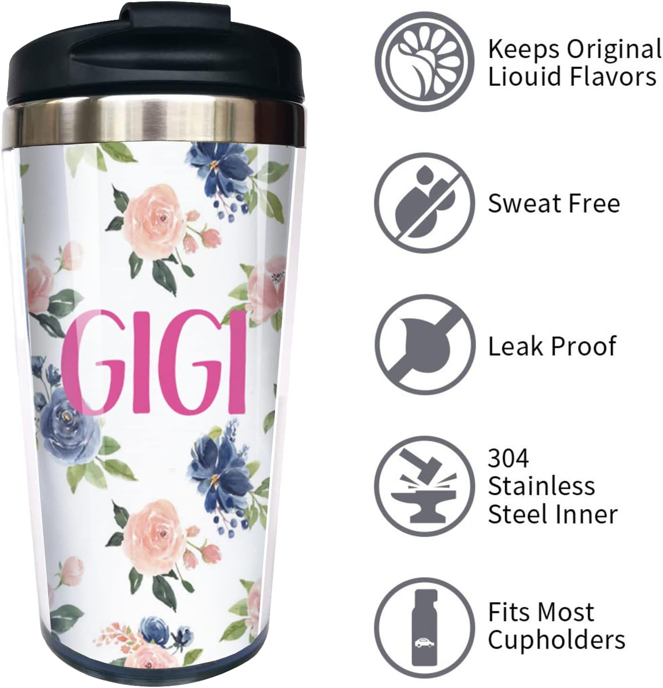Yipaidel GiGi – Taza de café de viaje de acero inoxidable con diseño floral de acuarela azul, de 13 onzas, divertida botella de agua aislada, regalo