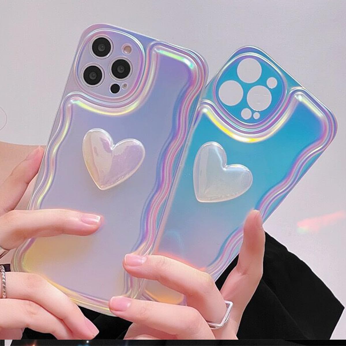 Changjia Funda para iPhone 14 Pro Max para mujer, bonita funda holográfica 3D con diseño de corazón y corazón, brillante, marco de onda de luz a