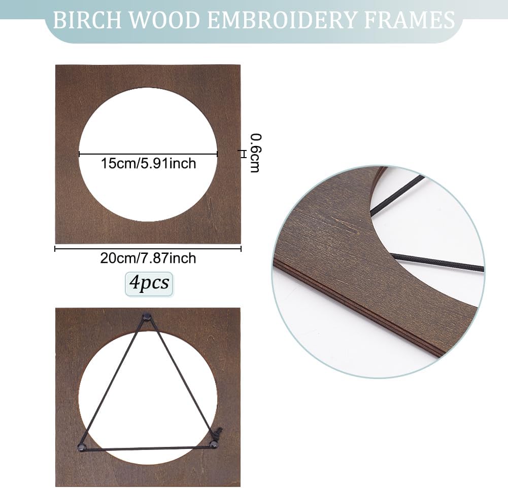 OLYCRAFT 4 aros de bordado de madera de 5.9 pulgadas de diámetro interior de madera de abedul cuadrados para bordar, marco de aro de punto de cruz,