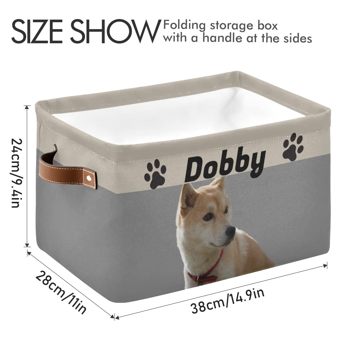 Cesta de almacenamiento personalizada para juguetes para perros, cesta plegable para juguetes para mascotas con asas de cuero, organizador de