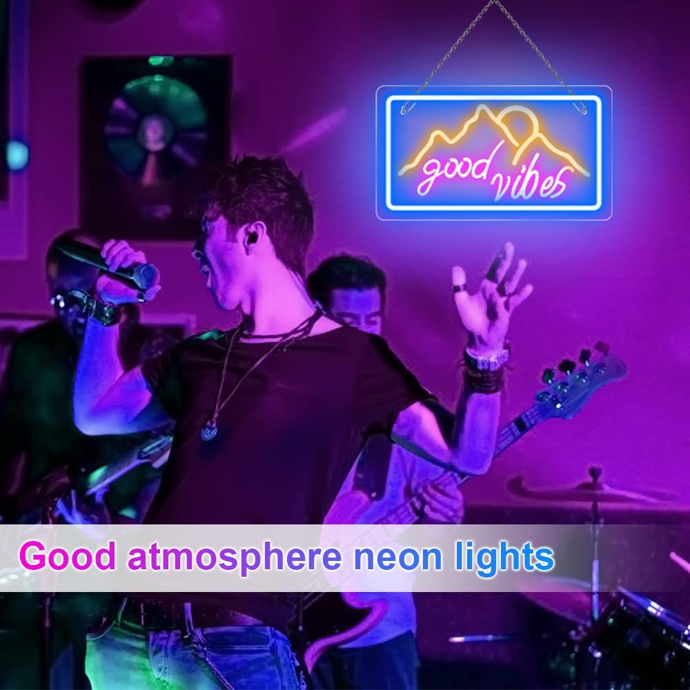 Good Vibes – Letrero de neón para decoración de pared, luz de neón con salida del sol y puesta de sol de montaña para decoración de pared, letrero