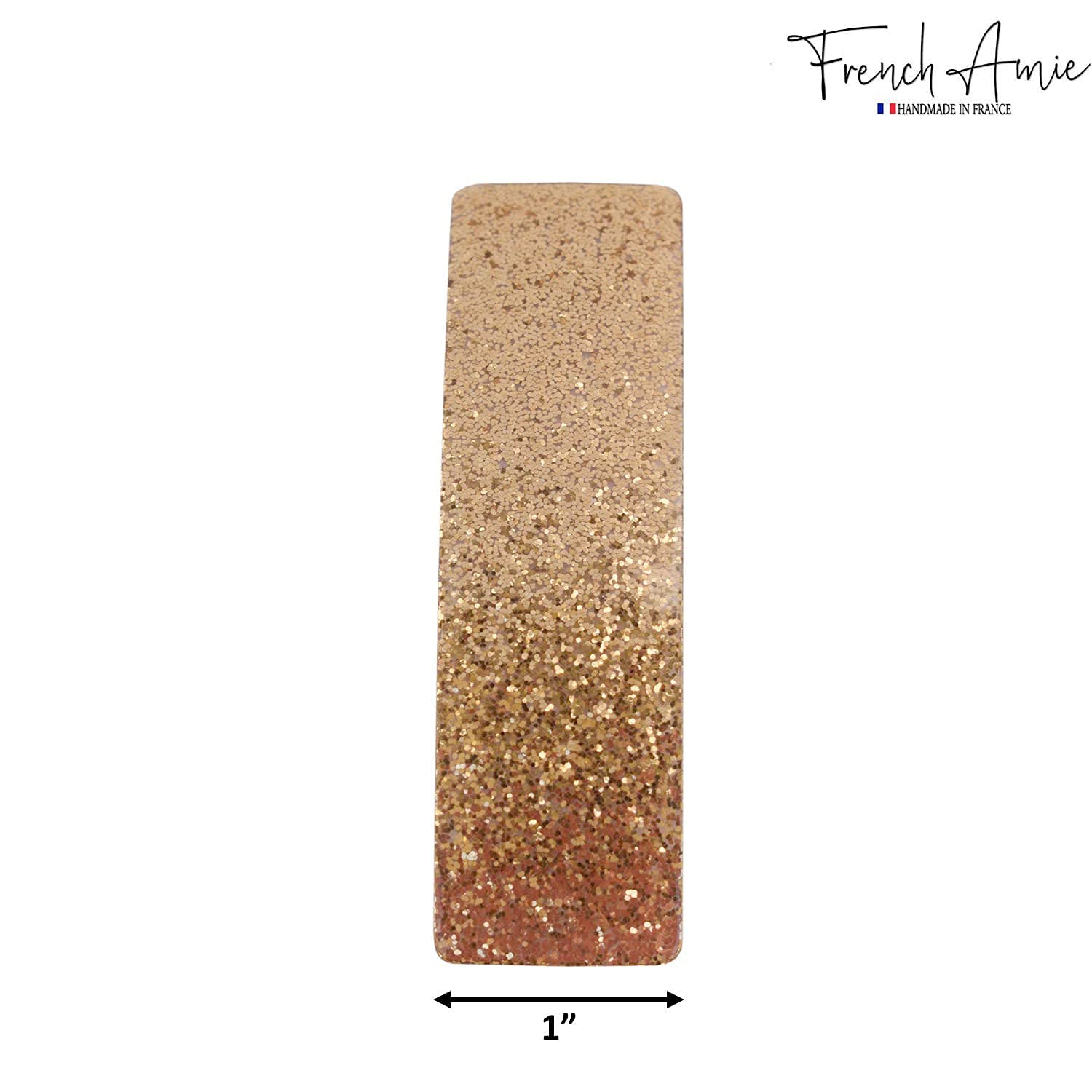 French Amie Pasador automático rectangular con purpurina dorada de 3 14 pulgadas, acetato de celuloide fuerte, hecho a mano, con cierre dorado para