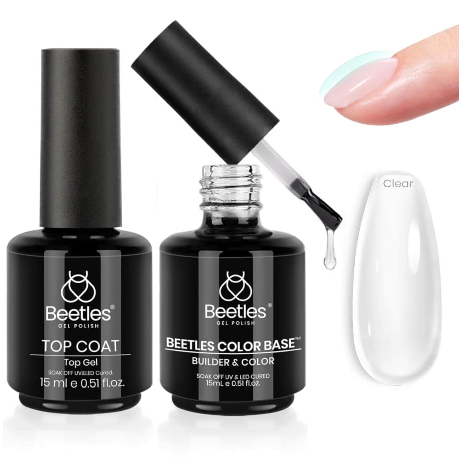 Beetles 2 en 1 Builder – Esmalte de gel de uñas base y superior para uñas, 0.5 onzas líquidas, gel fortalecedor de uñas transparente neutro y capa