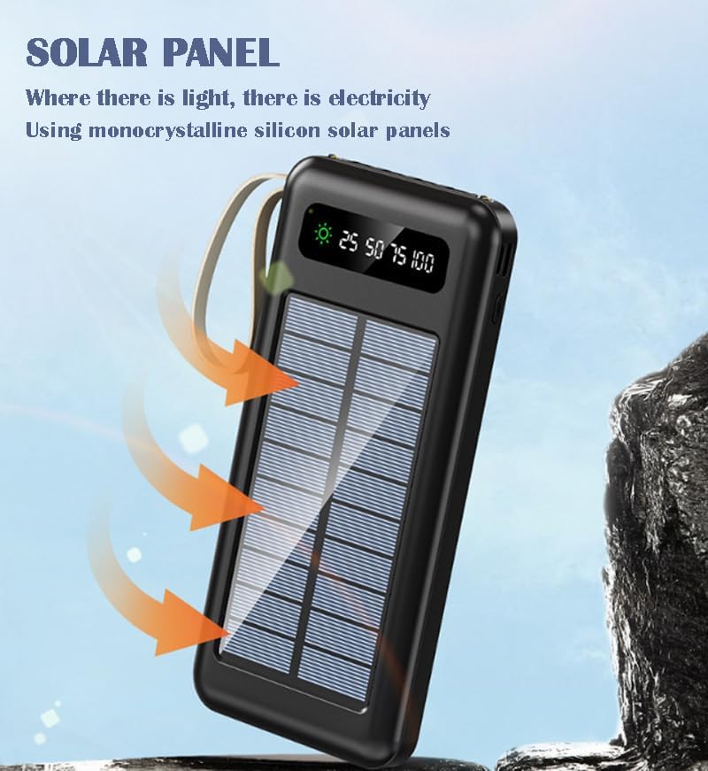 Banco de energía solar de 20000 mAh, con cable de carga 4 en 1, panel solar de carga rápida y carga USB, linterna súper brillante incorporada