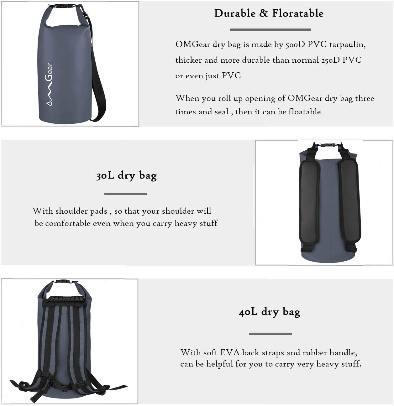 OMGear Mochila impermeable, bolsa impermeable para teléfono, 40, 30, 20, 10 y 5 L, flotante, saco seco para kayak, lancha, vela, piragüismo,