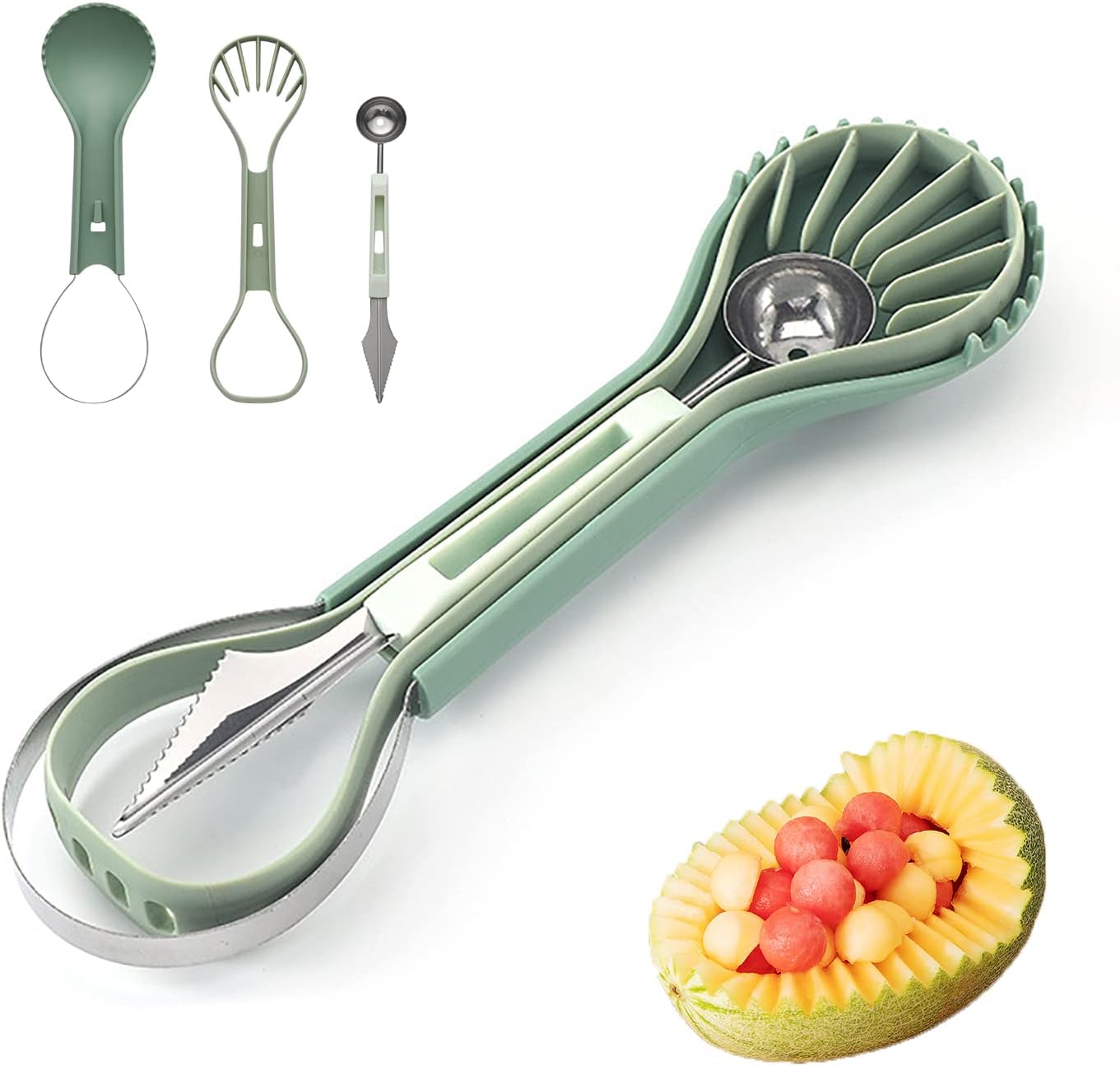Melon Baller Scoop Set, profesional 6 en 1 cortador de sandía de acero inoxidable cortador de sandía herramientas de tallado de frutas, cortadores