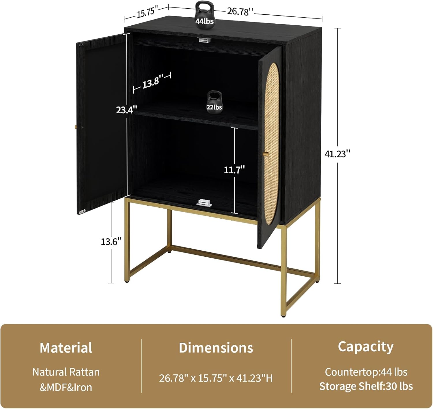 mixtavie Armario alto de ratán natural de 2 puertas, aparador de buffet con 1 estantes ajustables, armario de madera independiente para sala de