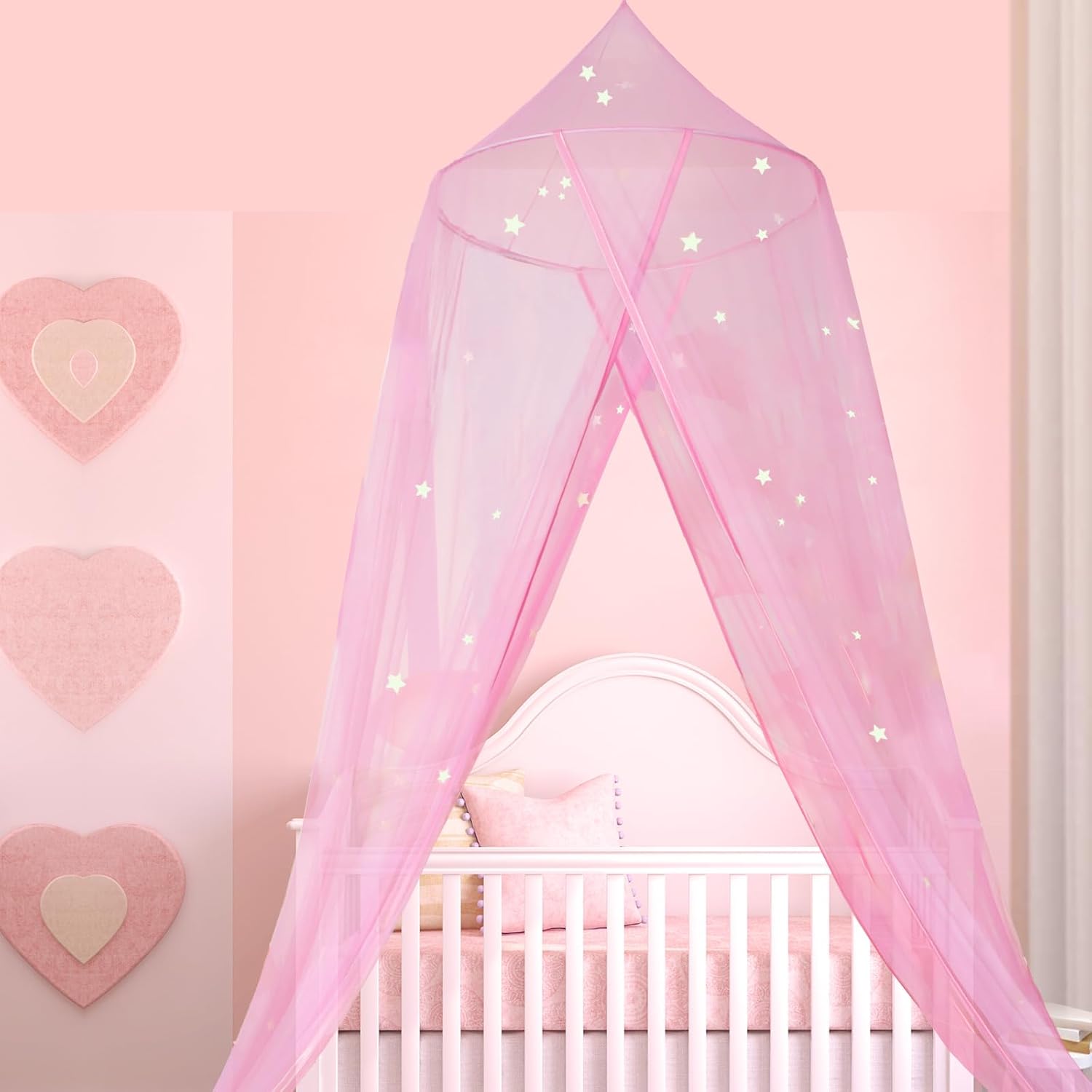 MACEVIA Toldo de cama para niñas, toldo de princesa con estrellas brillantes, toldo de decoración de guardería para cama de niños, cama de bebé,